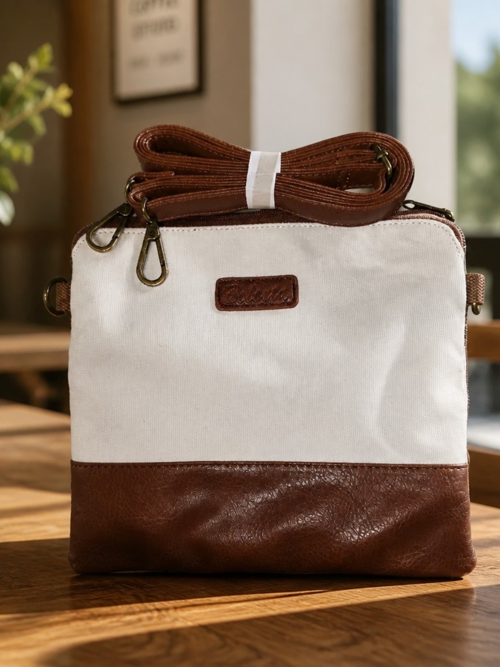 White and Brown Crossbody Canvas Bag. NEW
